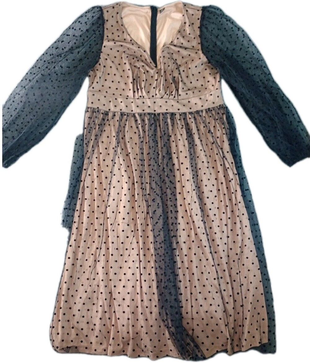 SHEIN CURVE Polka Dot Mesh Overlay Dress Black Tan Long Sleeve Party Event 1XL - Picture 2 of 16